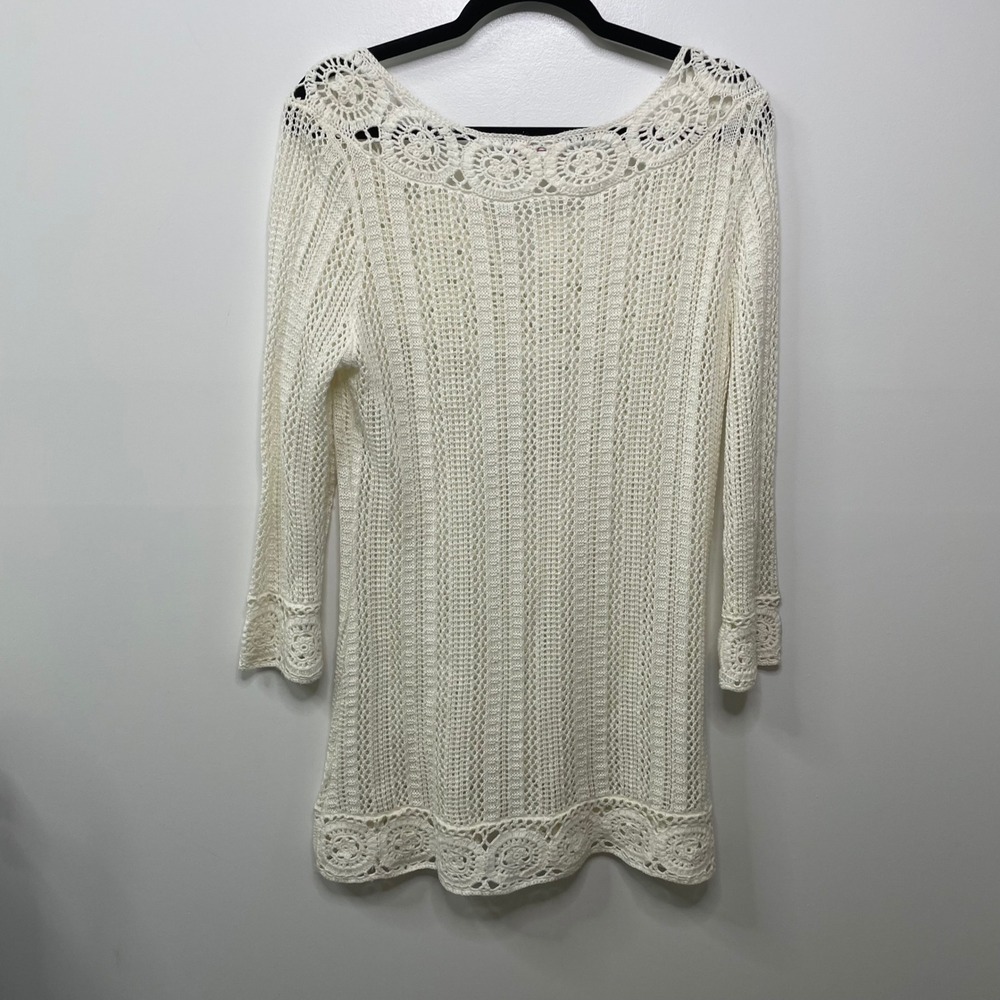 CJ Bank Ivory Crochet Knit Tunic Sweater 3/4 Sleeve Tassel Boho Hippie Granola M - Picture 8 of 11